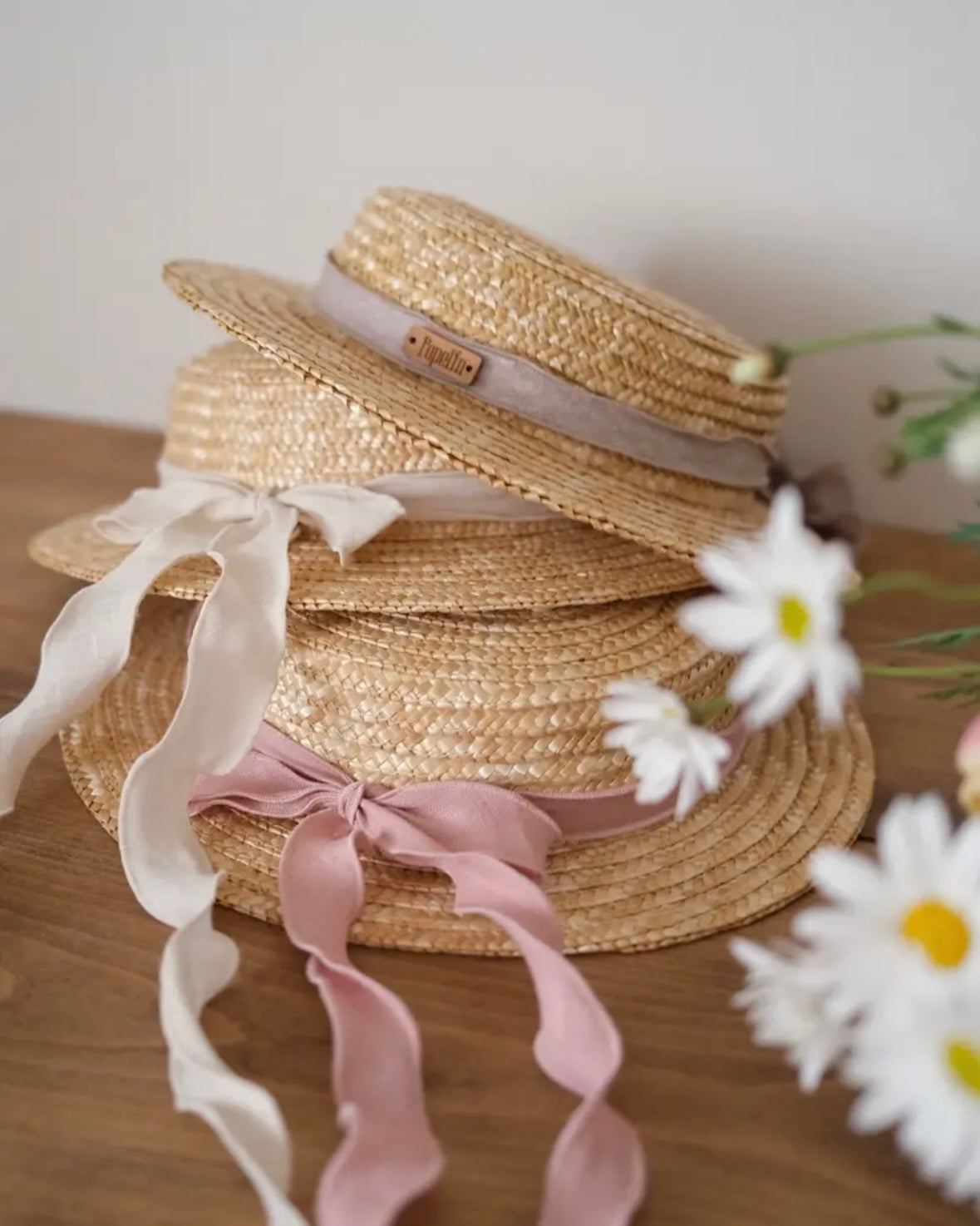 Popelin / Pink linen Natural straw hat