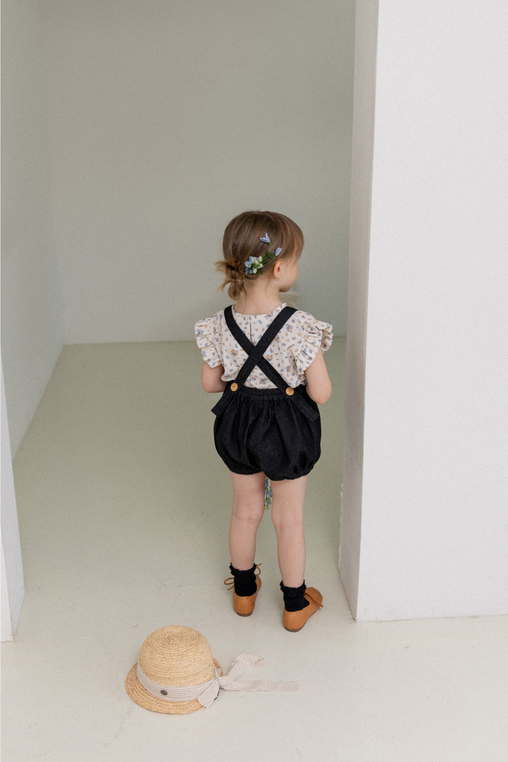 wonny ribbon / Black denim romper