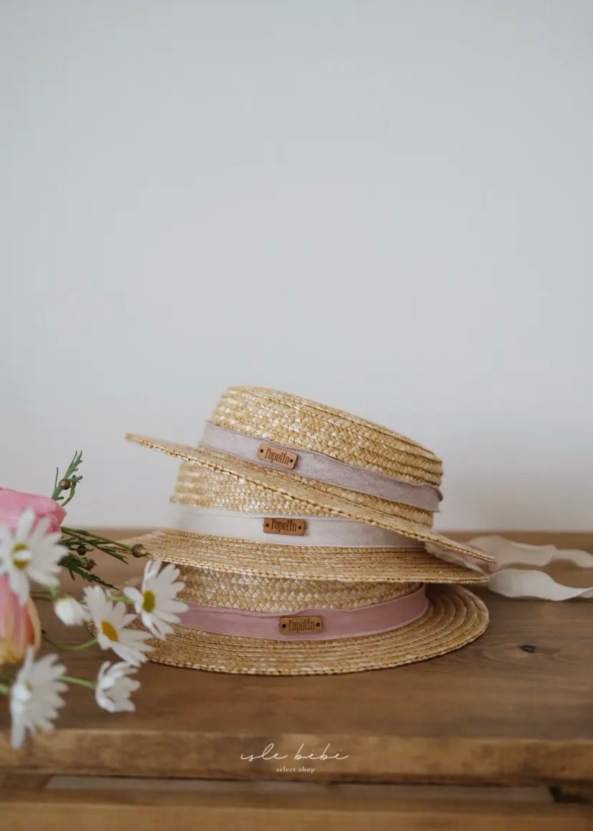 Popelin / Pink linen Natural straw hat