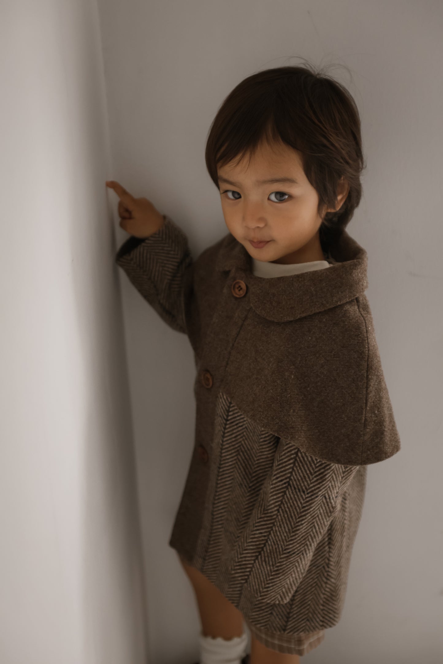 (送料無料)popelin / Brown herringbone woollen cape coat