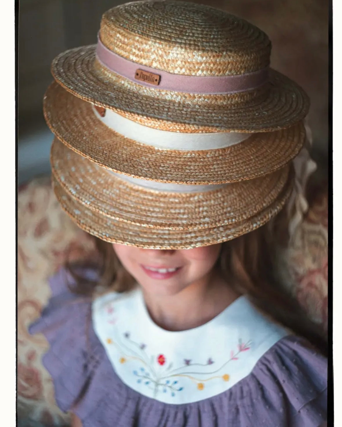 Popelin / Pink linen Natural straw hat