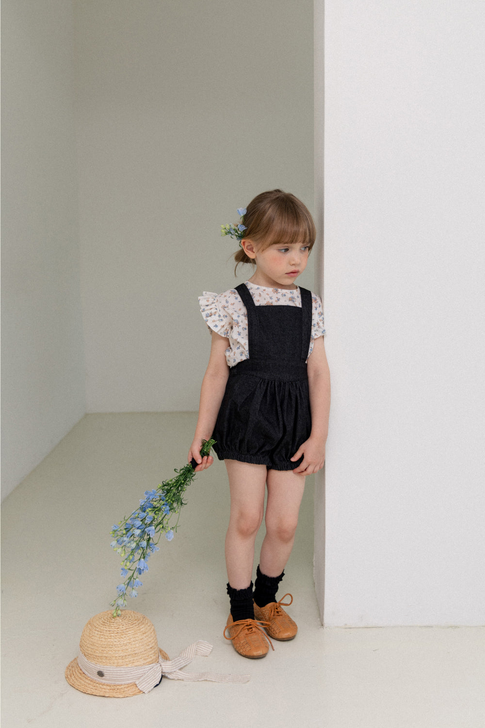 wonny ribbon / Black denim romper