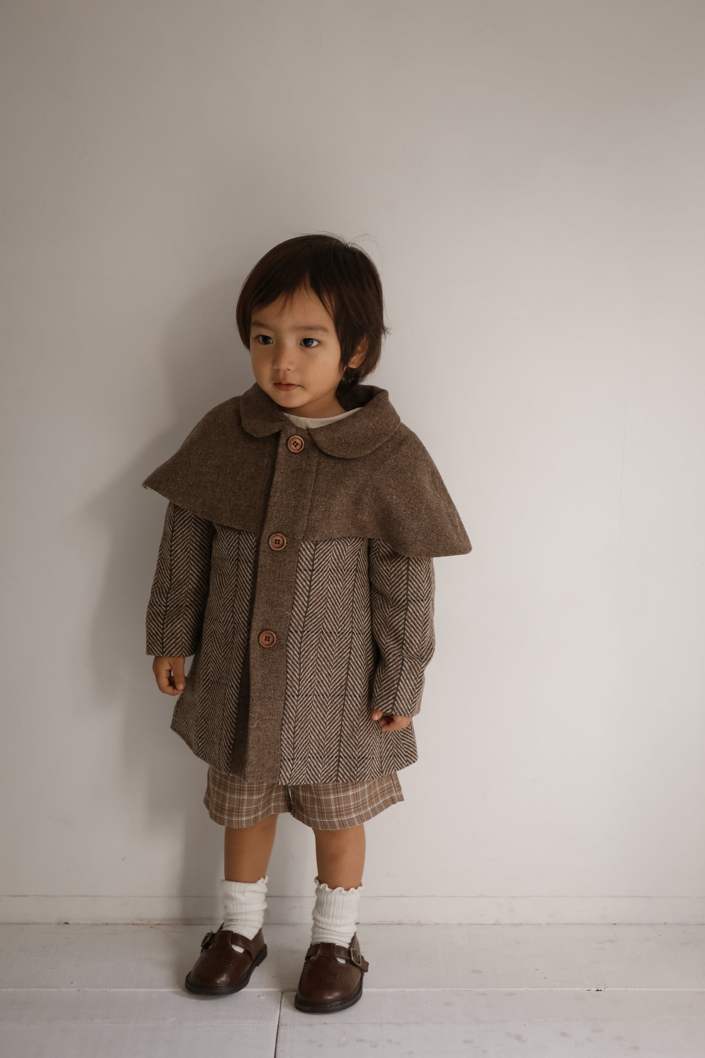 (送料無料)popelin / Brown herringbone woollen cape coat