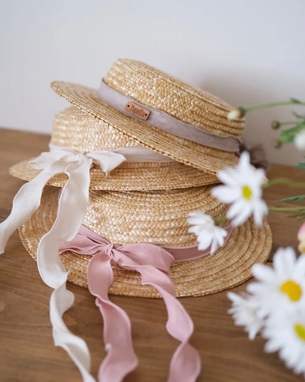 Popelin / Pink linen Natural straw hat