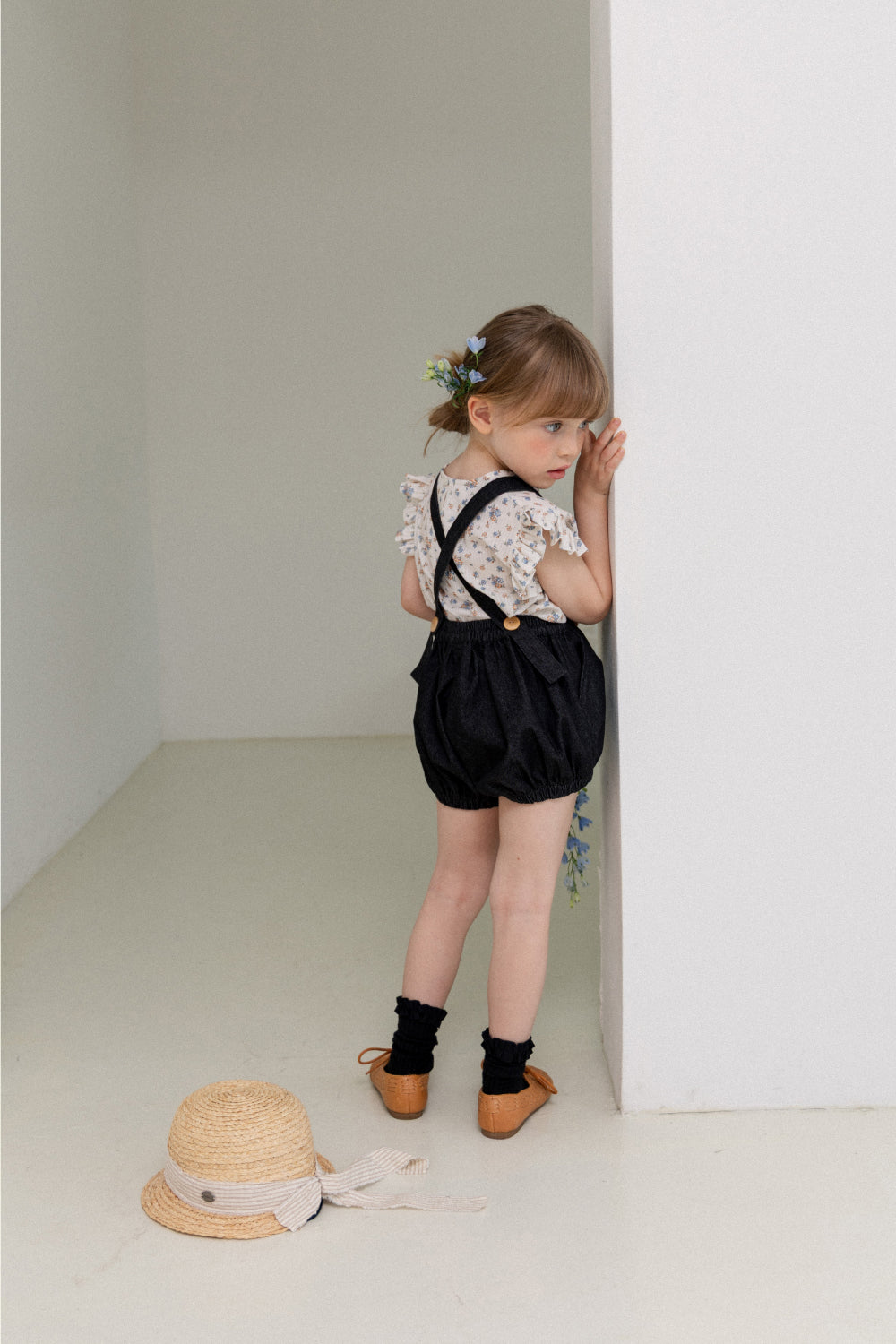 wonny ribbon / Black denim romper