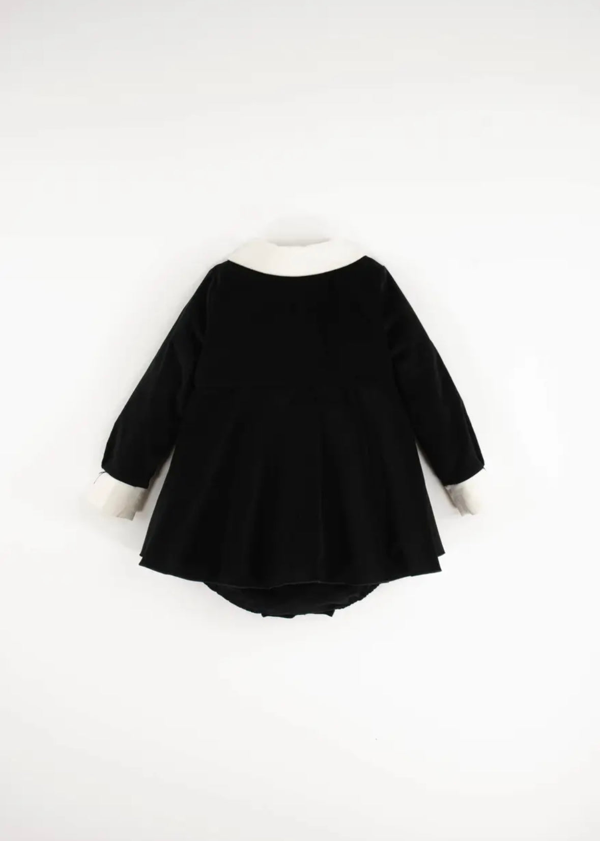 Popelin / Black velvet romper suit with skirt, embroidered collar and placket