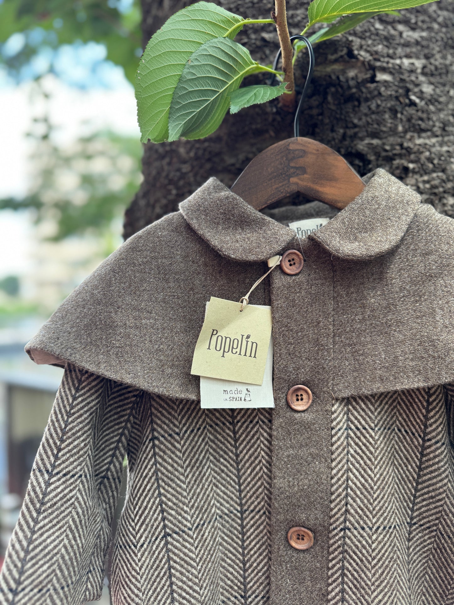 (送料無料)popelin / Brown herringbone woollen cape coat