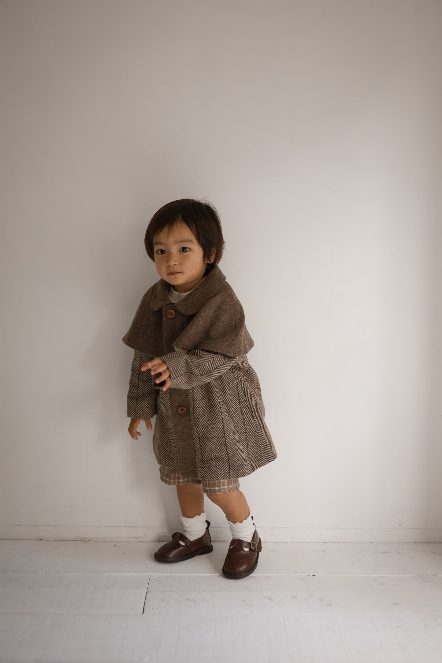 (送料無料)popelin / Brown herringbone woollen cape coat