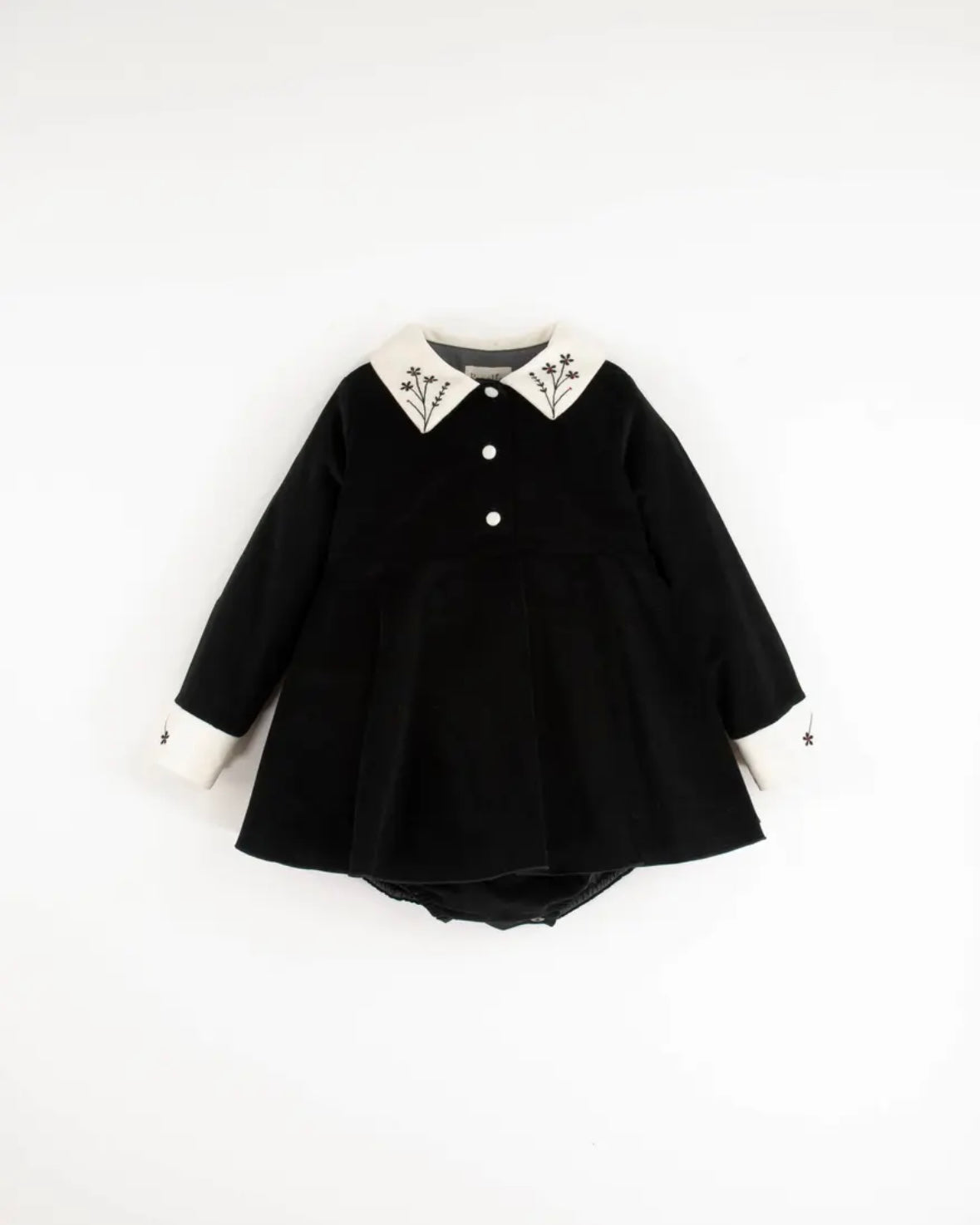Popelin / Black velvet romper suit with skirt, embroidered collar and placket