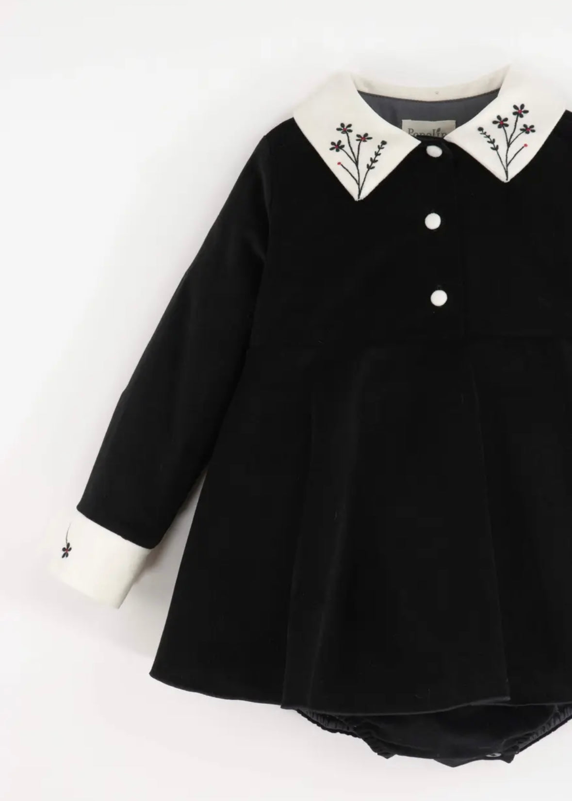 Popelin / Black velvet romper suit with skirt, embroidered collar and placket