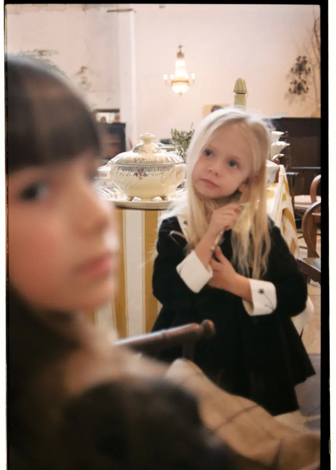 Popelin / Black velvet romper suit with skirt, embroidered collar and placket