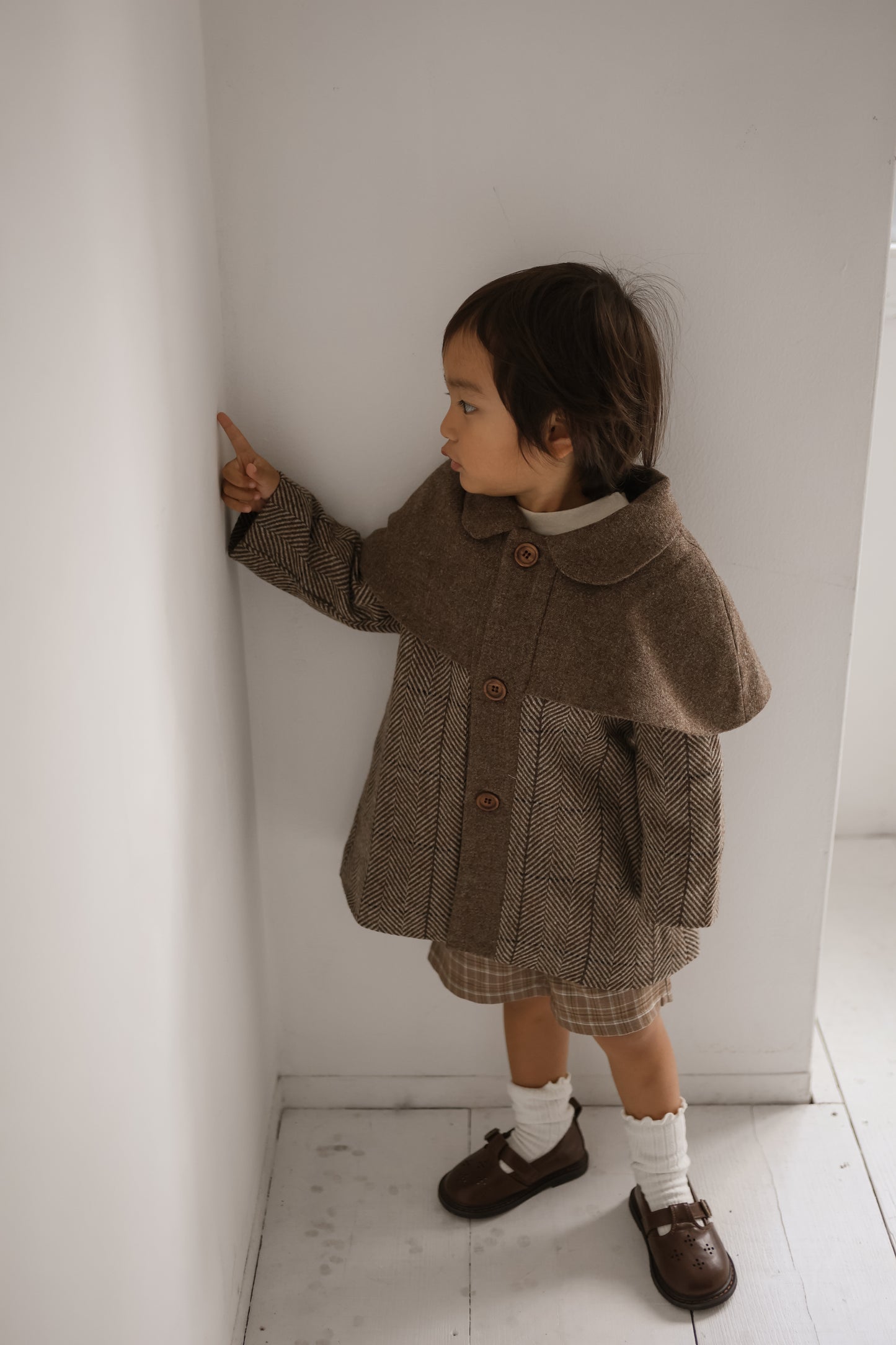 (送料無料)popelin / Brown herringbone woollen cape coat
