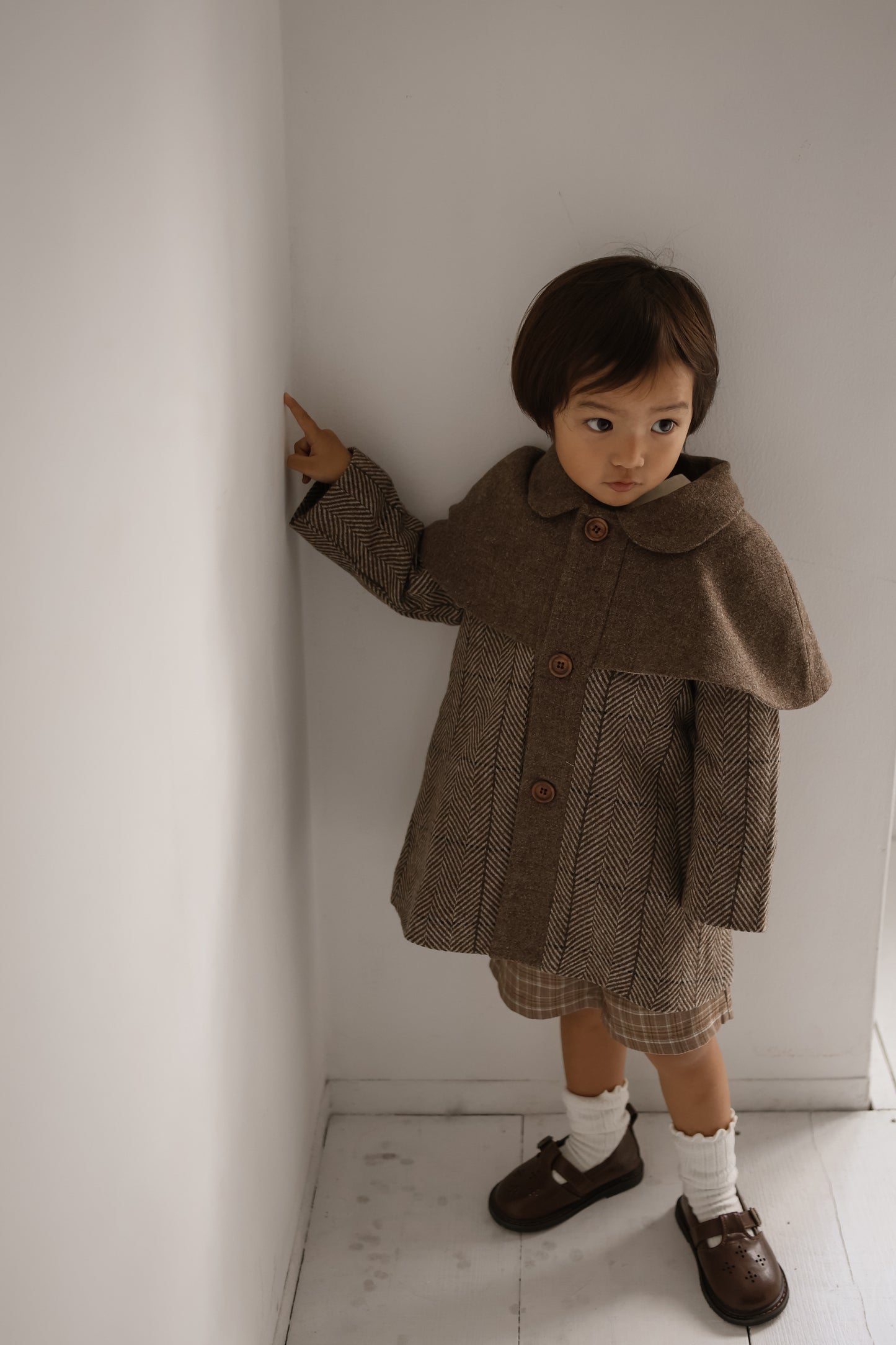 (送料無料)popelin / Brown herringbone woollen cape coat