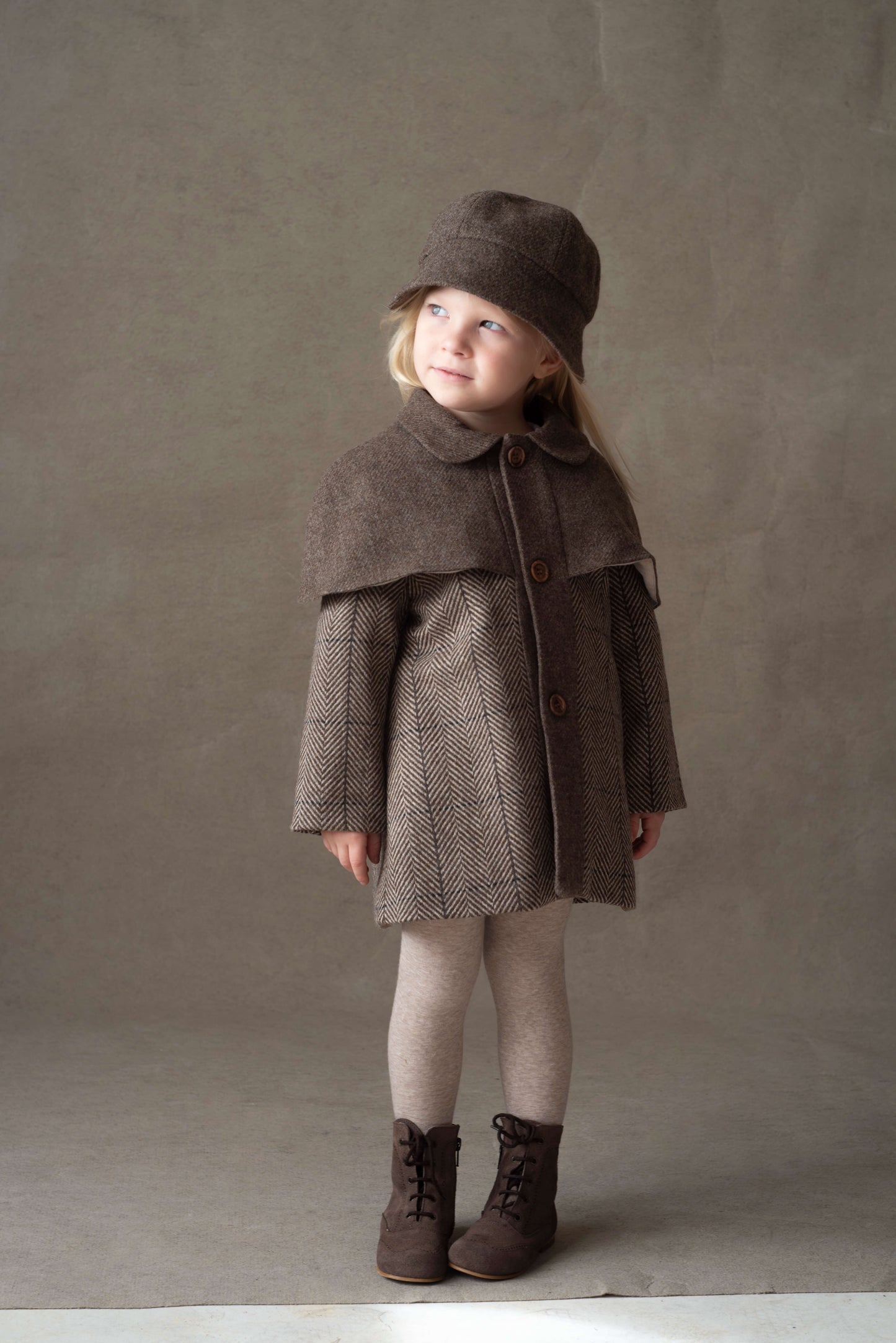 (送料無料)popelin / Brown herringbone woollen cape coat
