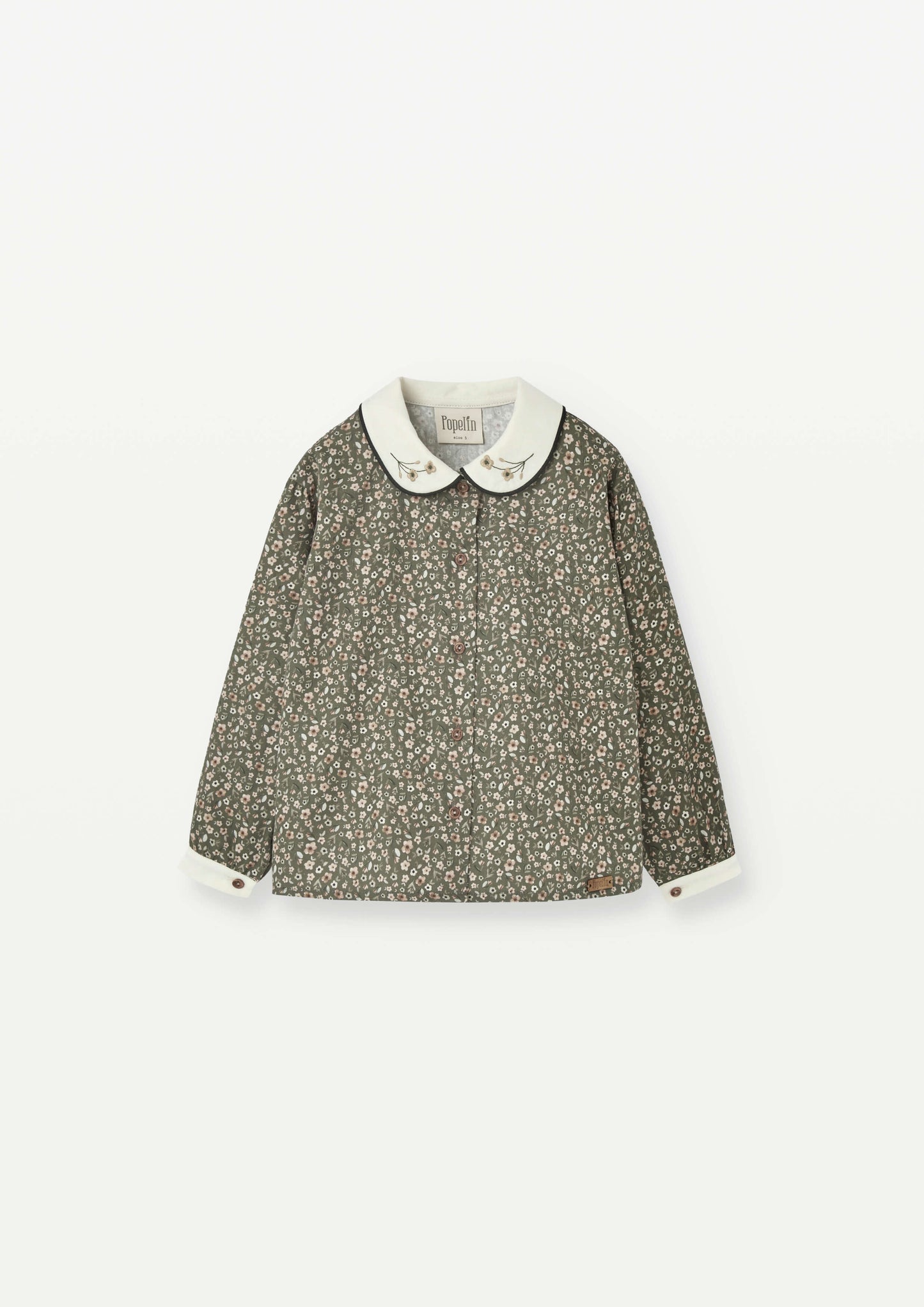 (送料無料)popelin / Green flower print shirt with baby collar and puffed sleeves