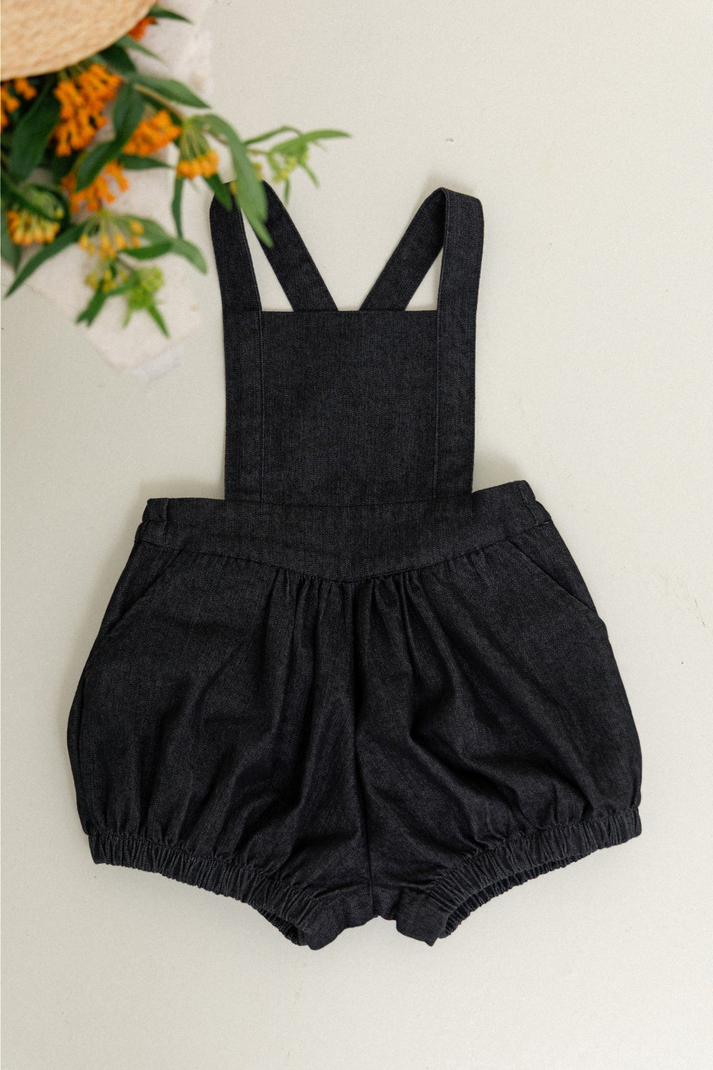 wonny ribbon / Black denim romper