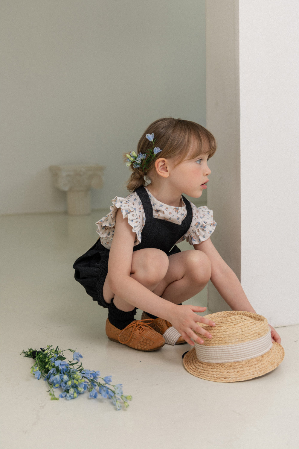 wonny ribbon / Black denim romper