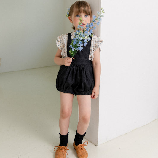 wonny ribbon  /  Black denim romper