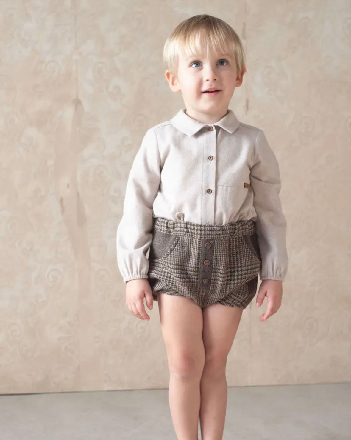 Popelin / Brown plaid woollen culotte with removable straps and placket