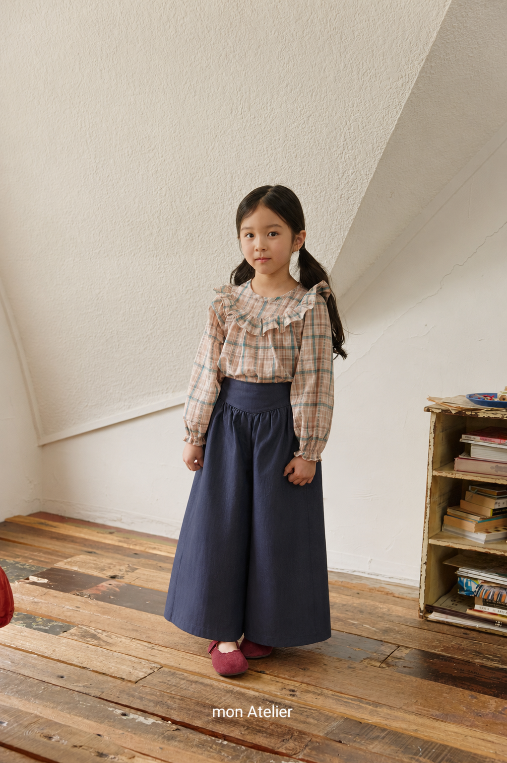 (予約) mon Atelier  / check frill blouse