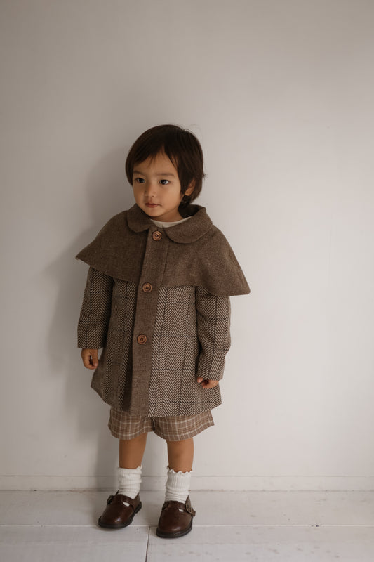 (送料無料)popelin /  Brown herringbone woollen cape coat