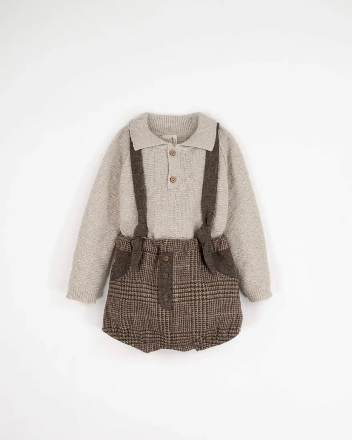 Popelin / Brown plaid woollen culotte with removable straps and placket