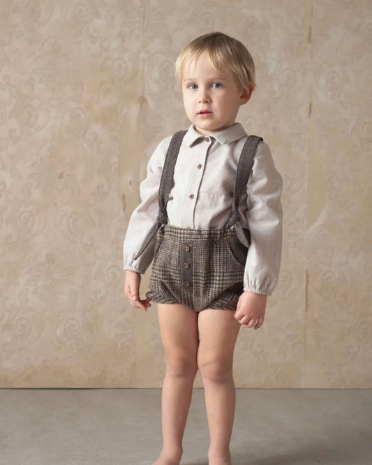 Popelin / Brown plaid woollen culotte with removable straps and placket