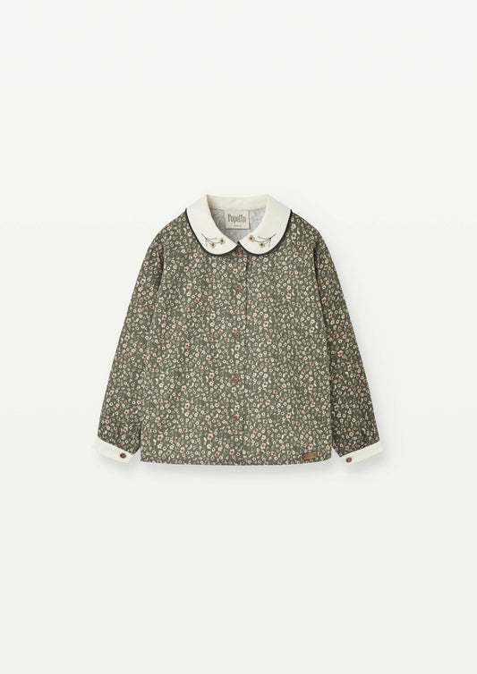 (送料無料)popelin / Green flower print shirt with baby collar and puffed sleeves